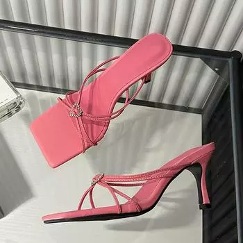 Liyke Summer Slippers Women Fashion Crystal Buckle Designer Slides Shoes Square Toe Thin High Heels Party Dress Elegant Sandals 35 розовый