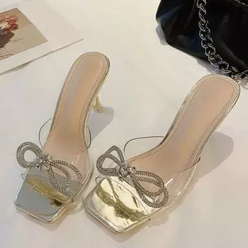Liyke, женские прозрачные тапочки на тонком высоком каблуке, подиумный стиль, блестящие стразы и бант, летние прозрачные шлепанцы, золотые сандалии 39