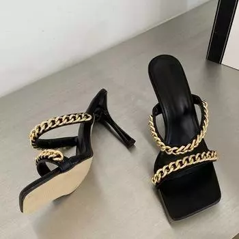 Liyke/тонкие тапочки на высоком каблуке с открытым носком, женские уличные модные дизайнерские сандалии с металлической цепочкой, женские шлепанцы без шнуровки 35 чёрный
