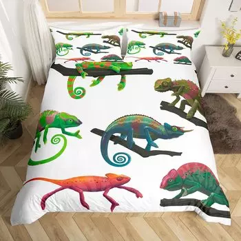 Lizard King Queen Duvet Cover Cute Chameleon Bedding Set Creature Reptile Quilt Cover Cartoon Animal Polyester Comforter Cover 70x133cm 2pcs