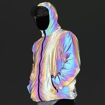 LJX Полностью светоотражающая куртка Легкая куртка с капюшоном в стиле хип-хоп Водонепроницаемая ветровка с капюшоном Светоотражающая куртка Мужская/женская ветровка Harajuku с капюшоном M