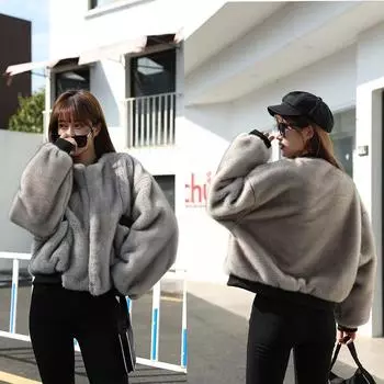 LJX Женская плюшевая куртка Женская теплая утолщенная куртка Куртка Верхняя зимняя дубленка Женская короткая куртка Теплая молния с воротником из искусственного лисьего меха S