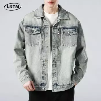 LKTM Men s Autumn Distressed Denim Jacket: American High Street Fashion Hip-Hop Top L светло-синий