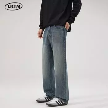 LKTM Мужские джинсы из бамбука в стиле ретро с эффектом стирки — свободный крой, утягивающие, универсальные прямые длинные брюки 3XL
