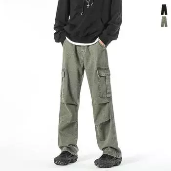 LKTM Мужские модные японские свободные джинсы широкого кроя с несколькими карманами, прямые, со складками XL чёрный