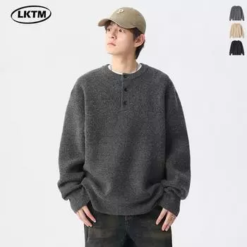 LKTM Мужской американский ретро-свитер хенли однотонный - высококачественный вязаный свитер нейтрального стиля XL (150-170 jin) чёрный
