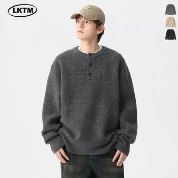 LKTM Мужской однотонный свитер с американским ретро-воротником Henry - Высококачественная вязка нейтрального стиля M хаки