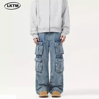LKTM Унисекс Американские ретро-стираные джинсы прямого покроя с множеством карманов L синий