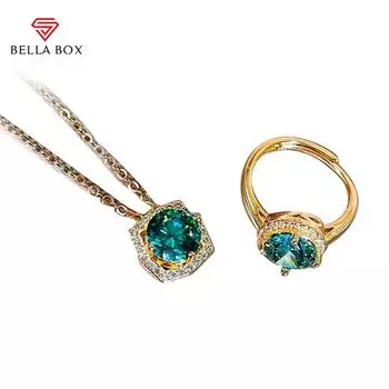 LLA BOX Классический комплект ювелирных изделий Женские кольца Ожерелья Круглый циркон Свадебные обручальные украшения зелёный