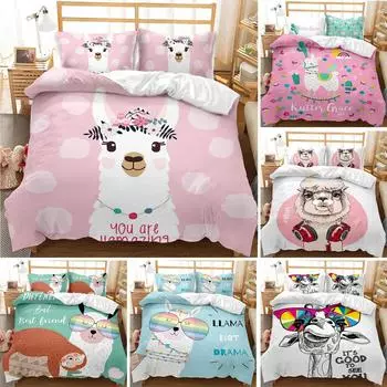 Llama Duvet Cover Set Queen King Full Twin Size Cute Alpacas Bedding Set 3D Polyester Quilt Cover Animal Comforter Cover 70x133cm 2pcs