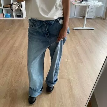 LLD Stylish Loose Loose Wide Leg Cloth Bag Pants Straight-leg Denim Women s High Waist Retro Trendy High Street Pants Light blue L