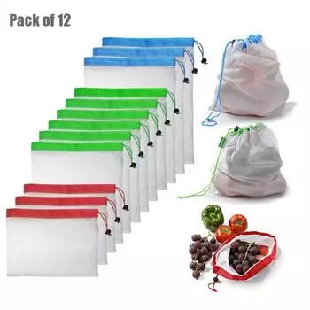 LMETJMA 12Pcs/set Reusable Mesh Produce Bags Premium Polyester Washable Mesh Bags for Vegetables Fruits Toys JT226 красный