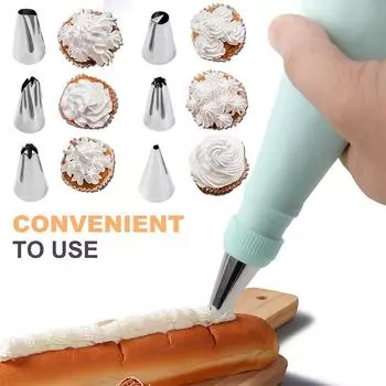 LMETJMA 34 шт. Набор кондитерских мешков и насадок 24 насадки из нержавеющей стали 2 многоразовых силиконовых кондитерских мешка 3 разглаживателя глазури 1 кисть для труб зелёный