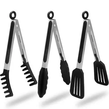 LMETJMA 3 в 1 силиконовые кухонные щипцы для приготовления пищи из нержавеющей стали с антипригарным покрытием и силиконовыми наконечниками щипцы для гриля барбекю JT303