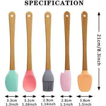 LMETJMA 5 шт. силиконовых шпателей с антипригарным покрытием, мини-шпатели, скребки с бамбуковой ручкой, термостойкий силиконовый шпатель, набор KC0428