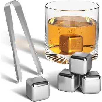 LMETJMA 6pcs/set Stainless Steel Reusable Ice Cubes Chilling Stones with Tongs Whiskey Stones Drink Coolers for Wine JT999