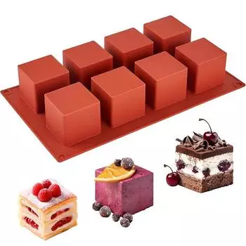 LMETJMA 8 Cavity Cube Cake Mold 3D Square Mousse Cake Baking Mold Silicone French Dessert Mold for Chocolate Brownie Bites JT353 шоколадный