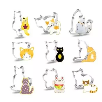 LMETJMA 9Pcs Cute Cat Shaped Cookie Cutter Set Stainless Steel Cat Cookie Biscuits Cutter Molds DIY Baking Fondant Cutter JT382 серебряный