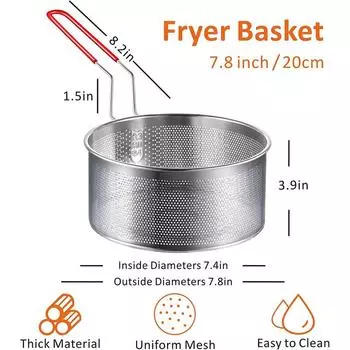 LMETJMA Deep Fryer Basket Round Stainless Steel Fry Baskets With Silicone Handle and Resting Hook for French Chips JT96