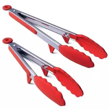 LMETJMA Kitchen Cooking Tongs Heat Resistant Stainless Steel BBQ Tong with Silicone Tips and Stand Design For Salad Grill KC0254 L