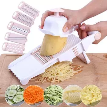 LMETJMA Мандолина-ломтерезка с подставкой, нержавеющая сталь, овощерезка с 5 лезвиями, картофель, морковь, огурец, слайсер KC0015 коричневый