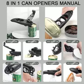 LMETJMA Многофункциональный ручной консервный нож 8 в 1 Эргономичный открывалка для бутылок с поворотной ручкой Портативный штопор для пива и вина JT06 темно серый