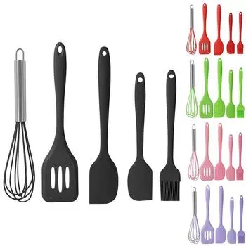 LMETJMA Набор кухонных принадлежностей из силикона, 5 предметов, включает в себя лопатку, большую лопатку, маленькую лопатку, кисточку для поливания, венчик JT23 зелёный