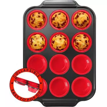LMETJMA складная силиконовая форма для кексов на 12 чашек, форма для кексов Egg Bites с металлической рамкой, антипригарное покрытие, формы для кексов JT372
