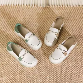 Loafers British style versatile cowhide single shoes women s 2025 new round head Korean version brown one pedal casual fashion 35 зелёный