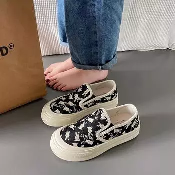 Loafers cloth shoes women s summer breathable one-pedal casual shallow mouth flat-soled canvas shoes women s lazy thick baseplate shoes 35