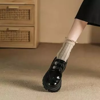 Мокасины женские кожаные туфли из мягкой кожи с круглым носком британская золотая пряжка женские туфли на блочном каблуке туфли-бустеры 34