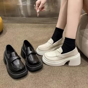 Loafers women s British platform shoes with skirts spring and autumn new muffin shoes French retro one-pedal soft-soled loafers 35 чёрный