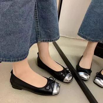 Мокасины женские туфли квадратный носок мягкие удобные балетки повседневные туфли лодочки балетки с бантом для отдыха без застежек 35 чёрный