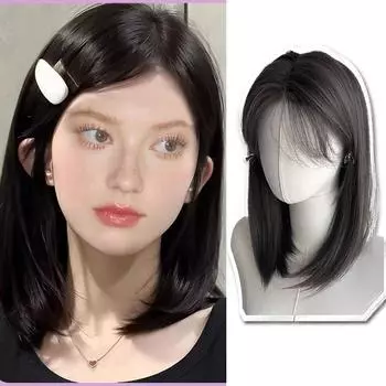 Лоб кружево длинные прямые волосы синтетический парик женский пушистый гладкий челка ключицы волосы длинные прямые волосы парик 33CM