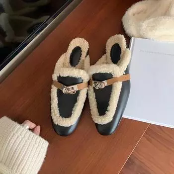 Lock Baotou Lamb Wool Slippers Women s 2024 Autumn and Winter Thick Heel One Pedal Lazy Muller Half Drag Outside Wear 35 чёрный