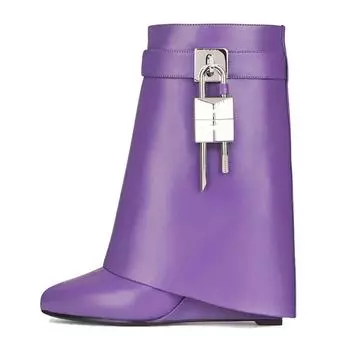 Locking High Heel Boots Designer Lock Boots Women New Winter Fold Gothic Wedge Boot Zipper Fashion Brand Designer Ankle Boots 34 фиолетовый