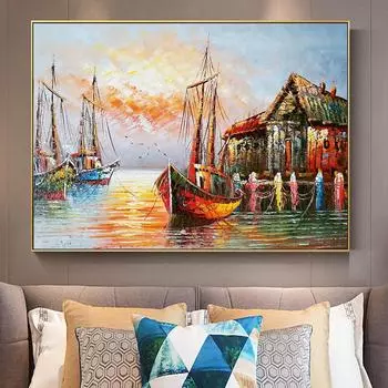Лодки в гавани картина холст печать настенный художественный постер морской морской пейзаж красочная картина для подарка гостиная домашний декор Cuadros 21x30cm No Framed