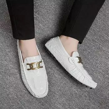 Lofers Мужские мокасины Черные мужские туфли на плоской подошве Дышащие повседневные туфли без застежек Удобная обувь больших размеров Мужская кожаная обувь 36 белый