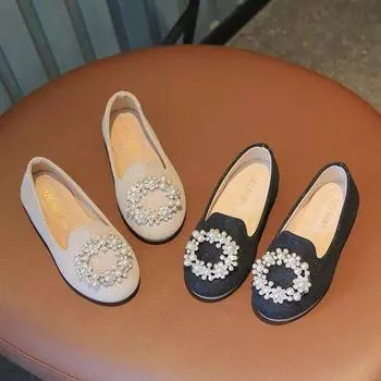 Лоферы для девочек, элегантные красивые модные детские туфли на плоской подошве с жемчугом, осень 26–35, удобные слипоны для отдыха, шикарная детская повседневная обувь 26 бежевый