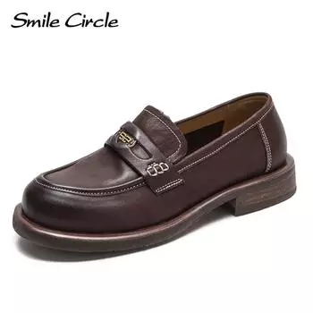 Лоферы из натуральной кожи, женские туфли на плоской подошве с круглым носком и толстой подошвой, модная повседневная обувь в стиле ретро 35