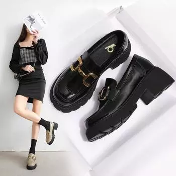 Лоферы из воловьей кожи. Женские мягкие новые весенние и осенние маленькие кожаные туфли на толстой подошве в британском стиле. Черные туфли на толстом каблуке. 35 чёрный