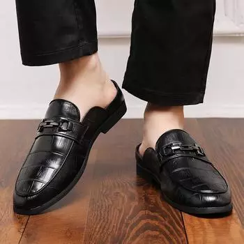 Лоферы летние полуботинки без застежек для мужчин кожаные тапочки повседневные дышащие удобные лоферы мокасины черные 38 чёрный