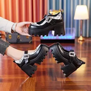 Лоферы Мэри Джейн, женская мода, универсальные, в британском стиле, на платформе, с внутренней стороны, увеличивающие рост, с пряжкой в виде одного слова, маленькие кожаные туфли 36 чёрный