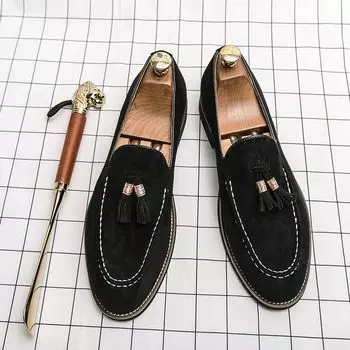 Лоферы мужские повседневные туфли с кисточками замшевые увеличивающие рост острые носки кожаные туфли для мужчин плоская подошва доставка бесплатная ретро слипоны 38