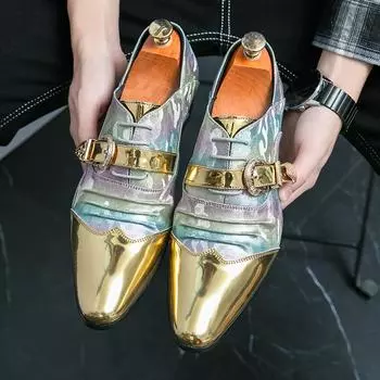 Лоферы мужские PU пэчворк разноцветные шнурки ремень пряжка повседневная обувь классические износостойкие ночные клубы парикмахерские свидания обувь 38 золотой