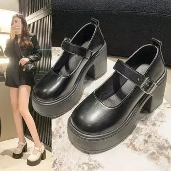 Лоферы на очень высоком каблуке, женские туфли из лакированной кожи на массивной платформе, туфли-лодочки с пряжкой и ремешком, черная форменная обувь Jk, женская обувь Мэри Джейн 35 бежевый