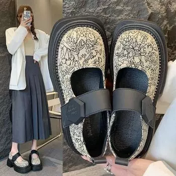 Лоферы на платформе, весенние, новые, с вышивкой, принтом, на липучке, с неглубоким горлом, женские, в стиле колледжа, маленькие, кожаные туфли 35 чёрный