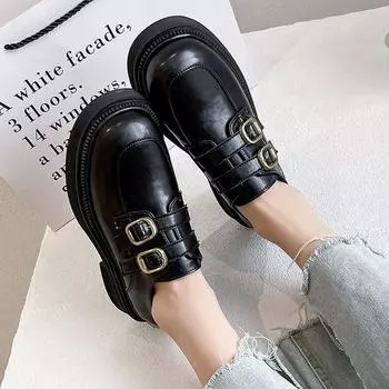 Лоферы на платформе, женские новые маленькие кожаные туфли в британском стиле в стиле ретро, женские весенние туфли на одной платформе, женская повседневная обувь с пряжкой 36