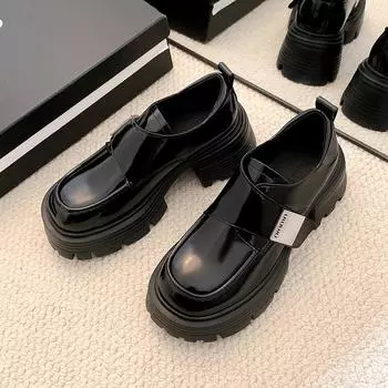 Лоферы на платформе. Женские универсальные маленькие кожаные туфли из натуральной кожи. Модные туфли на массивном каблуке с круглым носком. 34 чёрный