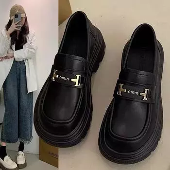 Лоферы на платформе женские весенние ретро британский стиль толстый каблук повседневные универсальные модные мягкие кожаные туфли с одной педалью маленькие кожаные туфли 35